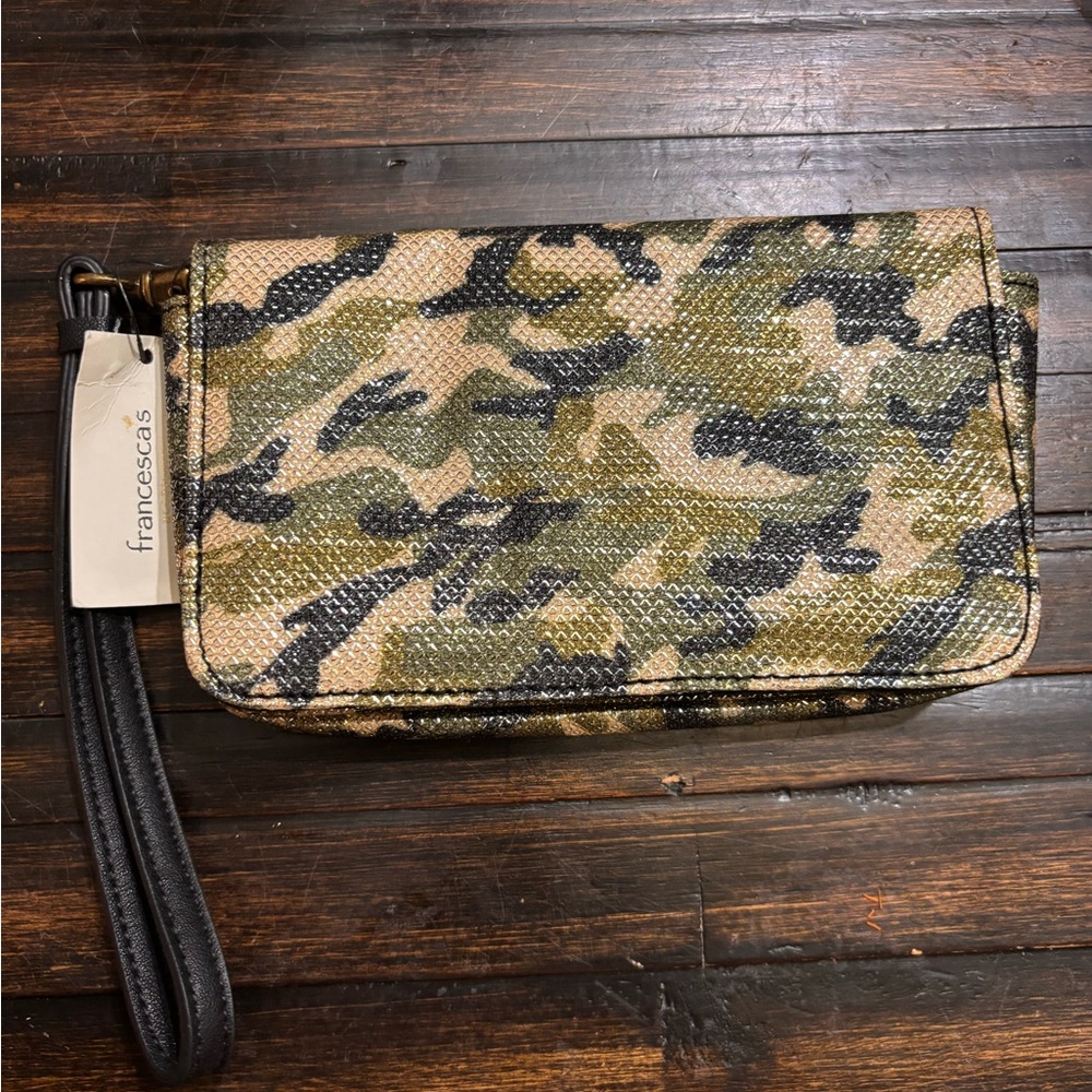 Francesca's Green and Tan Shimmery Camouflage Wristlet